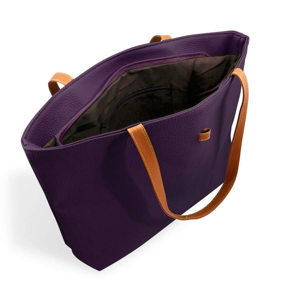 DARK PURPLE PU LEATHER TOTE BAG WITH A MINI POUCH - Picture 2 of 2